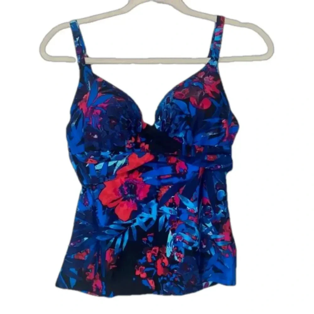 Floral tankini swimsuit top push up adjustable straps vibrant blue red tropical
